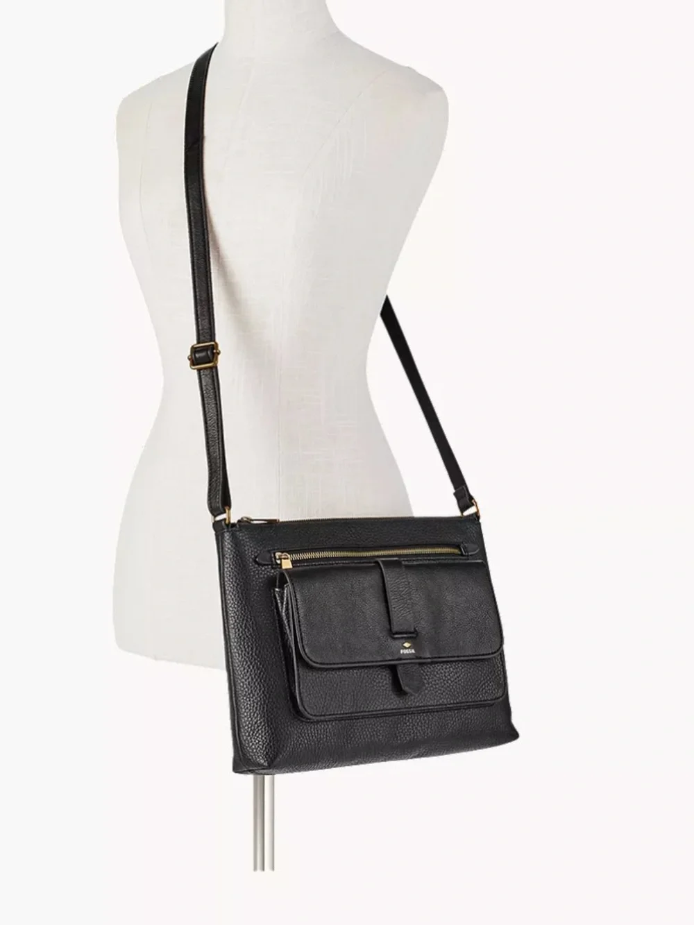 Fossil Kinley black pebbled leather crossbody bag multi pockets